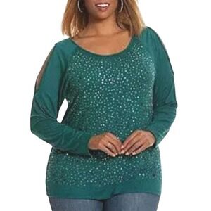 LANE BRYANT Cold Shoulder Top Plus 1X 14 16 Green STUDDED Shirt NEW